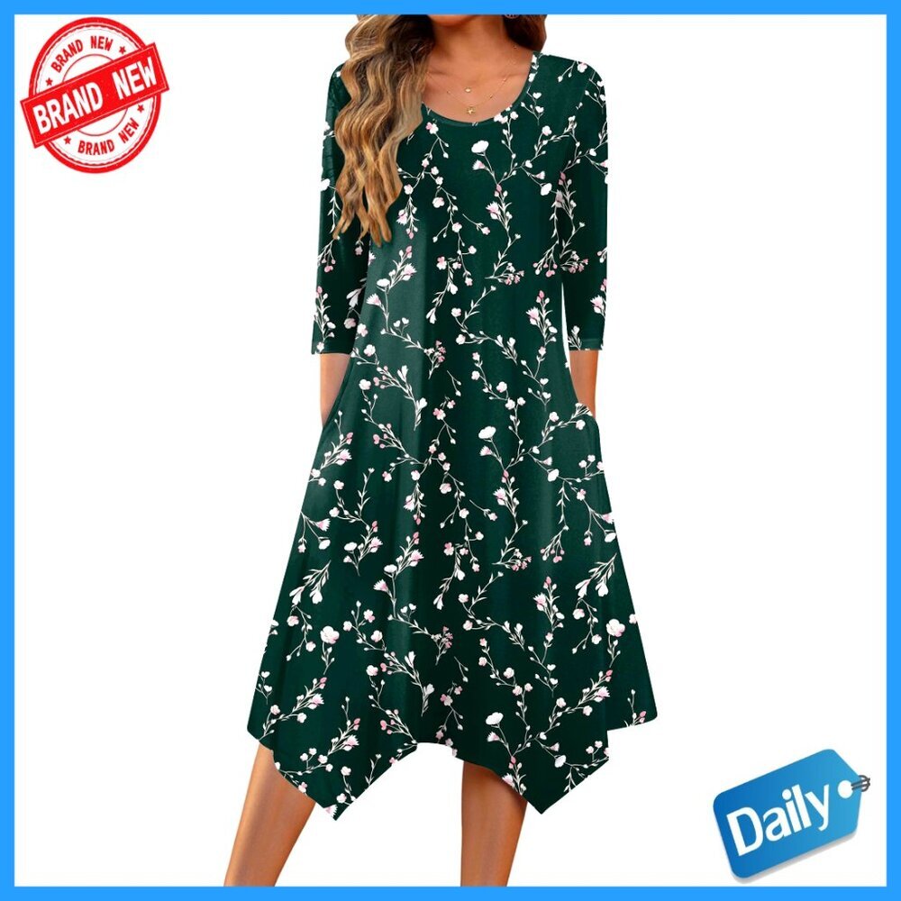 Midi Dress 3/4 Sleeve A-Line Casual Flowy Summer Beach Sundress with Pockets